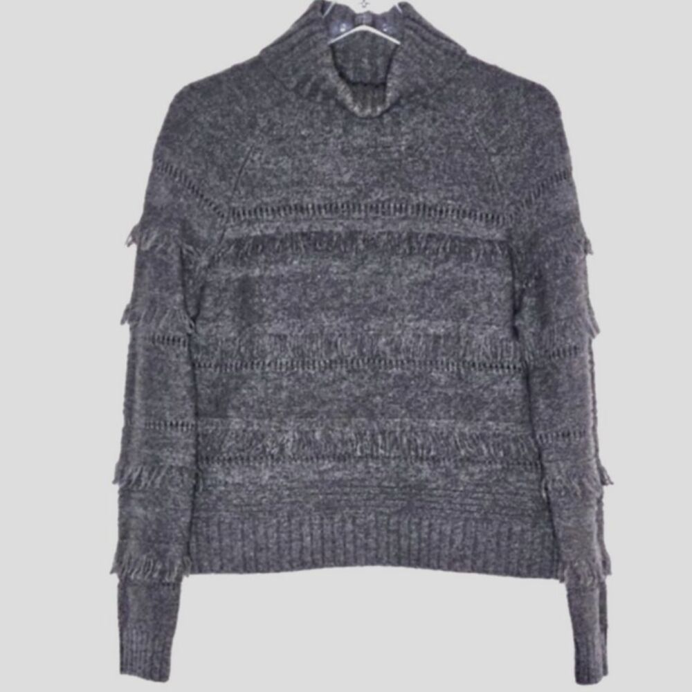 Brown Allan Wool Cashmere Blend Gray Fringe Long Sleeve Turtleneck Knit Sweater